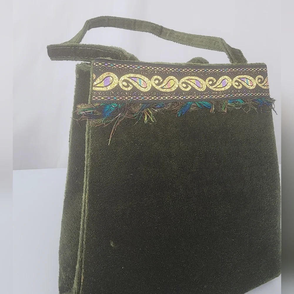 Vintage 60s Emerald Velvet Mini Bag Paisley Fringe Trim Jewel Tone Trapeze Purse - Picture 5 of 15